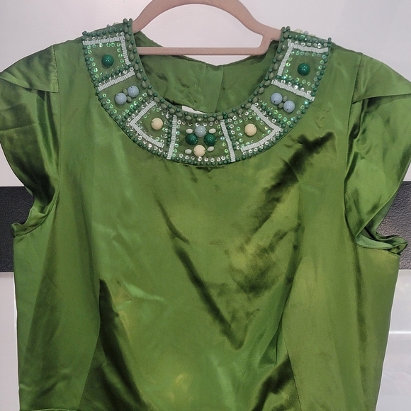 BCBG Max Azria jewel neck silk party cocktail green mini dress NYE 10 Medium - Picture 9 of 16